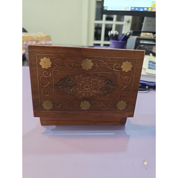 Vtg Archana Crafts Hand Made In India Wooden Jewelry Keepsake Box 6"x4"x2" - Picture 9 of 11